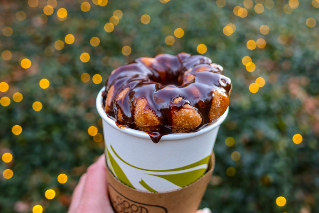 loaded hot chocolate with a churro donut on top