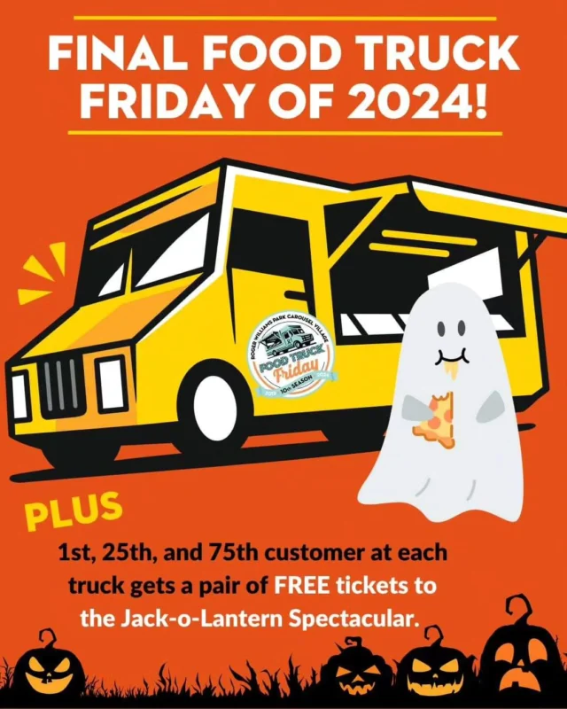 🚨 Final Food Truck Friday of the season TOMORROW! 🚨 Join us at Carousel Village for a massive celebration. We're giving away FREE Jack-O-Lantern Spectacular tickets to the 1st, 25th and 75th customers at every truck! 🎃 

The weather's looking🔥, so come out and enjoy your favorite food trucks, live music, and amazing vibes. We can't wait to celebrate the end of our 10th incredible season with you! See you there! 🎉 🍔🍟🍕

#foodtruckfriday #jackolanternspectacular #rhodeislandlife #fridayvibes